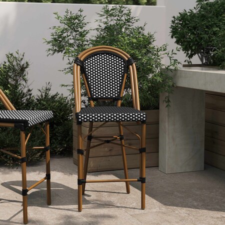 Flash Furniture Bordeaux Stackable IndoorOutdoor French Bistro 26 Counter Height Stool, BlackWhite and Bamboo SDA-AD642001-CS-BKWH-NAT-GG